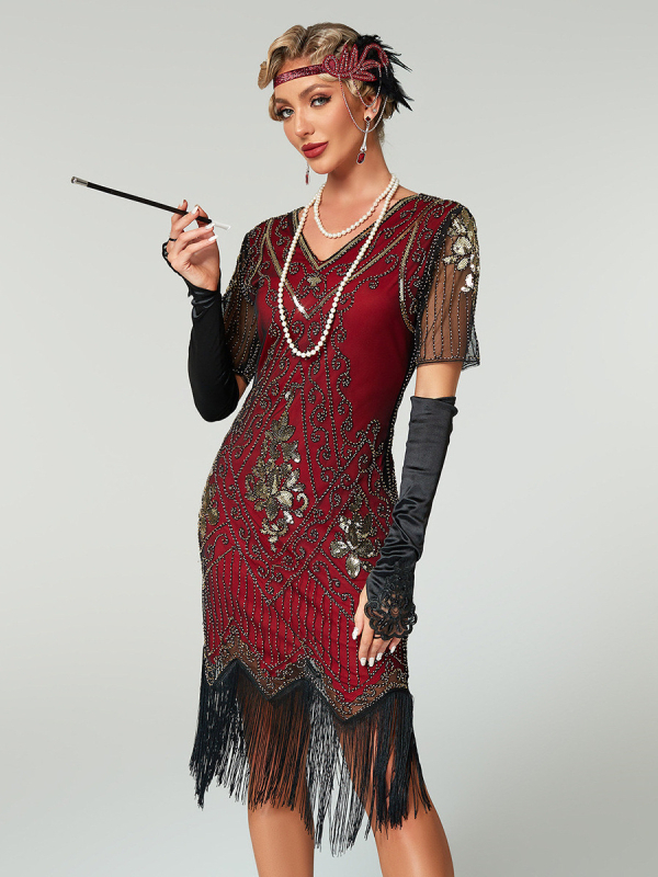 1920-ih Gatsby večernja haljina s resicama i sjajnim perlicama, duboki V-izrez, kratki rukavi, za zabavu, izvezeni poliestersko-PVC smjesa, uska silueta