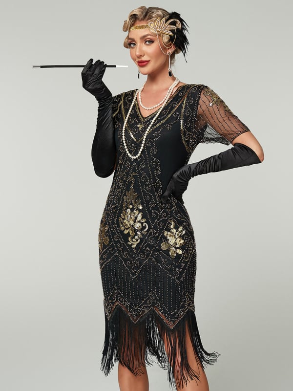 1920-ih Gatsby večernja haljina s resicama i sjajnim perlicama, duboki V-izrez, kratki rukavi, za zabavu, izvezeni poliestersko-PVC smjesa, uska silueta