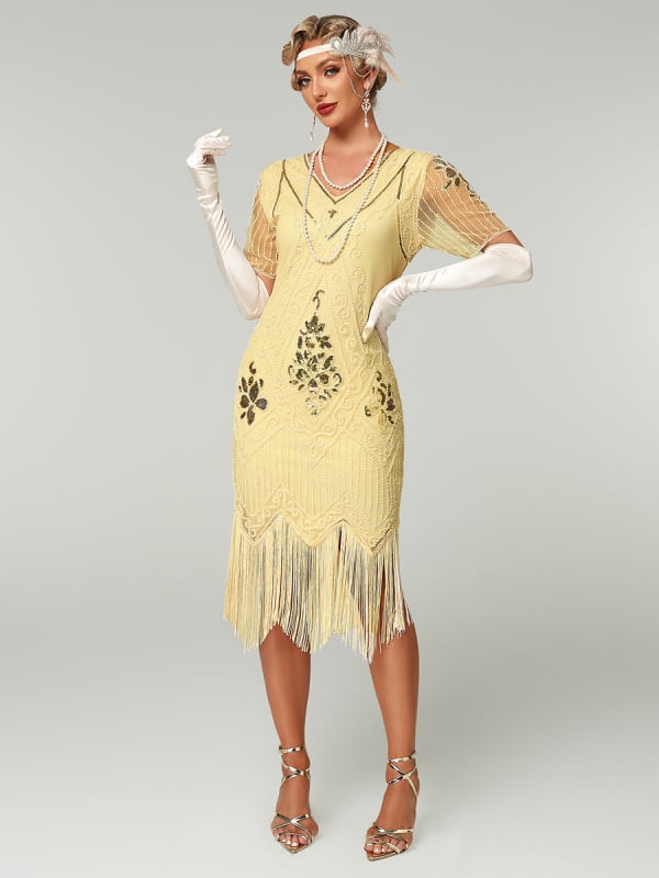 1920-ih Gatsby večernja haljina s resicama i sjajnim perlicama, duboki V-izrez, kratki rukavi, za zabavu, izvezeni poliestersko-PVC smjesa, uska silueta