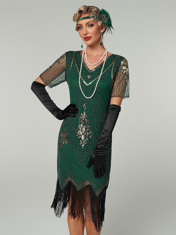 1920-ih Gatsby večernja haljina s resicama i sjajnim perlicama, duboki V-izrez, kratki rukavi, za zabavu, izvezeni poliestersko-PVC smjesa, uska silueta