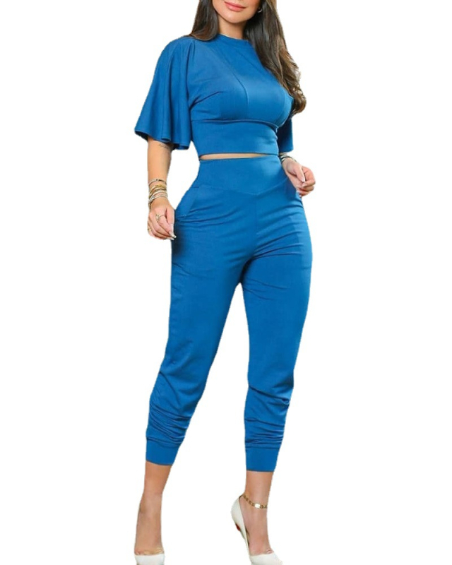 Set casual pentru femei cu crop top cu mânecă tip bat și pantaloni talie înaltă, imprimeu cu flori, poliester