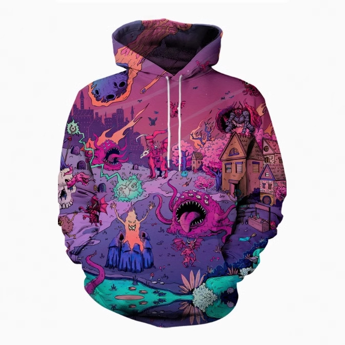 Ανδρικό φούτερ με κουκούλα για αθλητισμό, 3D ψηφιακή εκτύπωση graffiti ρετρό, άνοιξη-φθινόπωρο 2025, φαρδιά γραμμή, πολυεστερικό ύφασμα