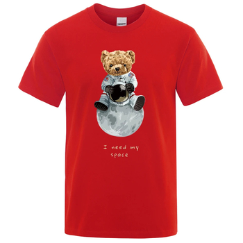 Unisex Τ-shirt με εκτύπωση αρκούδας-αστροναύτη, χαλαρή γραμμή, κοντά μανίκια, στρογγυλή λαιμόκοψη, 100% βαμβάκι