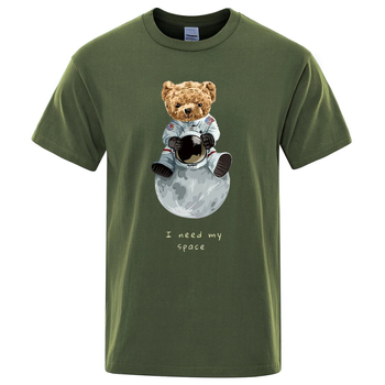 Unisex Τ-shirt με εκτύπωση αρκούδας-αστροναύτη, χαλαρή γραμμή, κοντά μανίκια, στρογγυλή λαιμόκοψη, 100% βαμβάκι