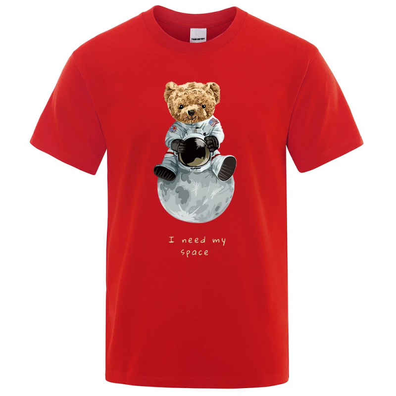Tricou unisex din bumbac cu imprimare urs-astronaut, croială lejeră, mâneci scurte, guler rotund, 100% bumbac