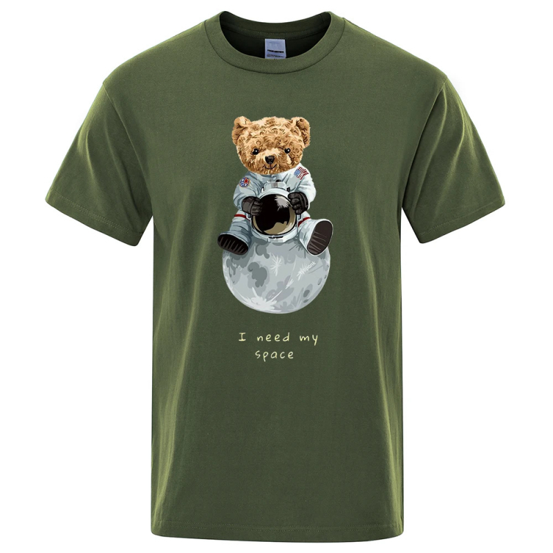 Tricou unisex din bumbac cu imprimare urs-astronaut, croială lejeră, mâneci scurte, guler rotund, 100% bumbac