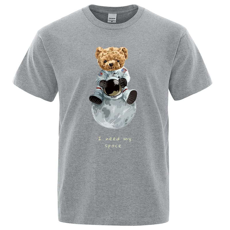 Tricou unisex din bumbac cu imprimare urs-astronaut, croială lejeră, mâneci scurte, guler rotund, 100% bumbac
