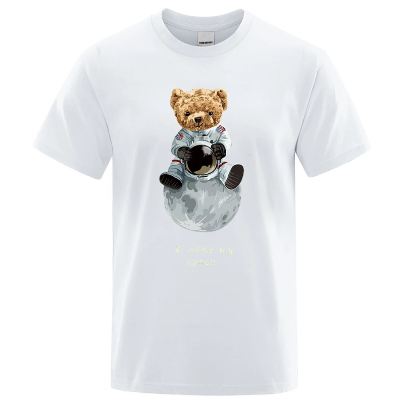 Tricou unisex din bumbac cu imprimare urs-astronaut, croială lejeră, mâneci scurte, guler rotund, 100% bumbac