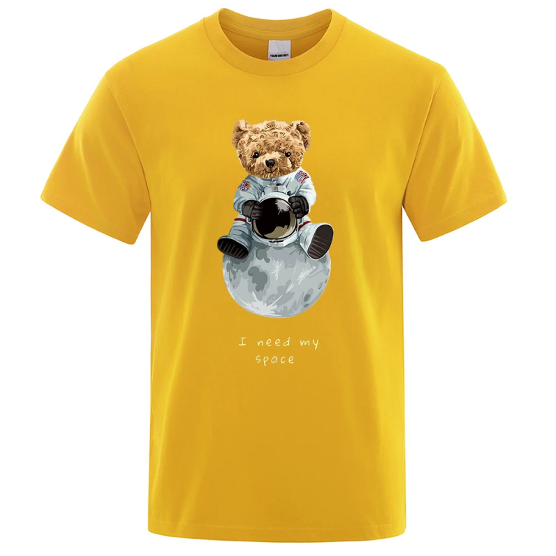 Tricou unisex din bumbac cu imprimare urs-astronaut, croială lejeră, mâneci scurte, guler rotund, 100% bumbac