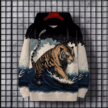 Мъжки пуловер с качулка в корейски стил, японски етно принт, дълги ръкави, свободен силует, полиестер 91–95%