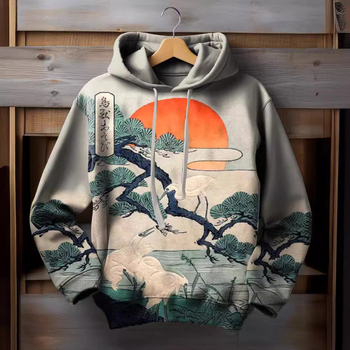 Мъжки пуловер с качулка в корейски стил, японски етно принт, дълги ръкави, свободен силует, полиестер 91–95%