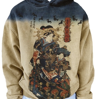 Мъжки пуловер с качулка в корейски стил, японски етно принт, дълги ръкави, свободен силует, полиестер 91–95%