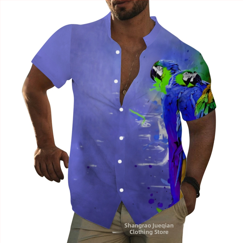 Хавайска риза за мъже с животински принт, яка стойка, къс ръкав, свободна кройка, цифров печат, 96% полиестер