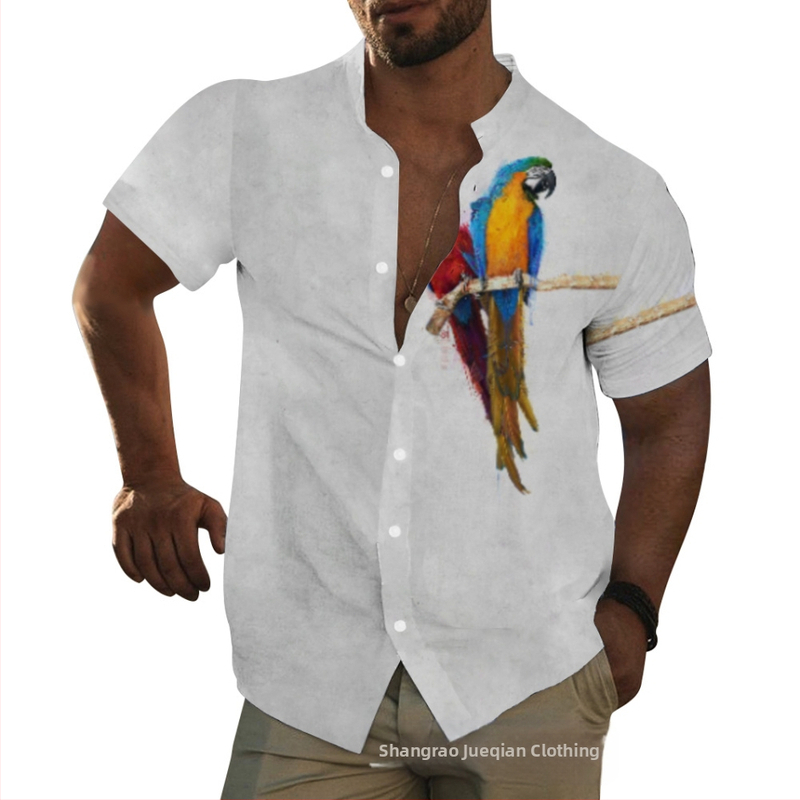 Хавайска риза за мъже с животински принт, яка стойка, къс ръкав, свободна кройка, цифров печат, 96% полиестер