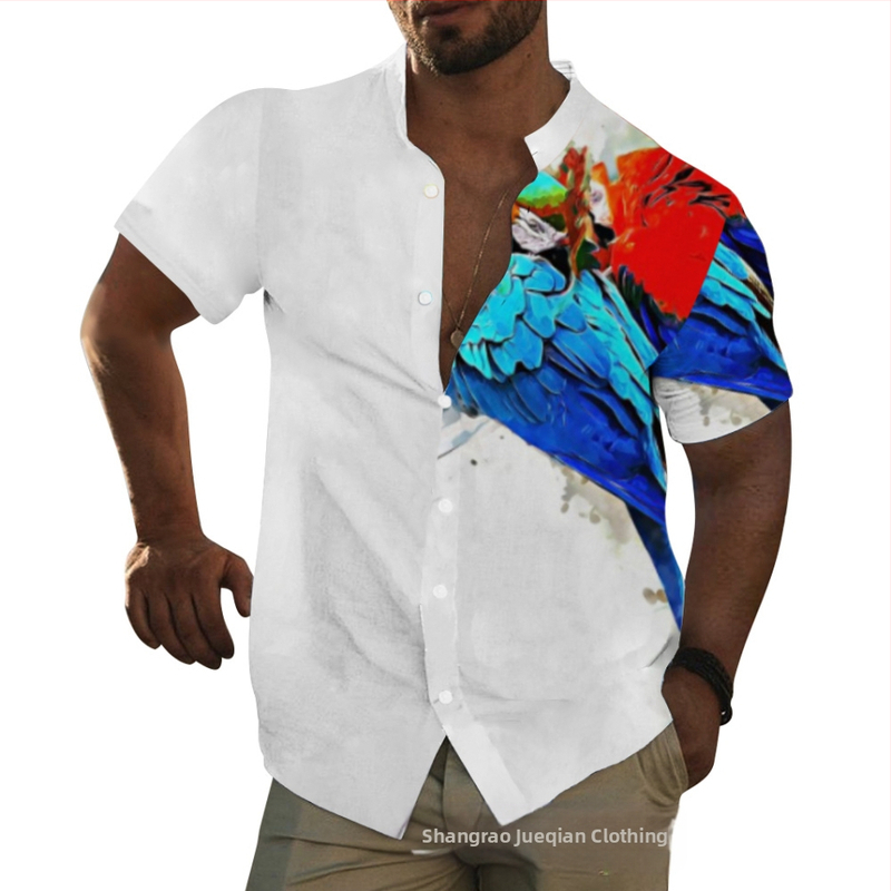 Хавайска риза за мъже с животински принт, яка стойка, къс ръкав, свободна кройка, цифров печат, 96% полиестер