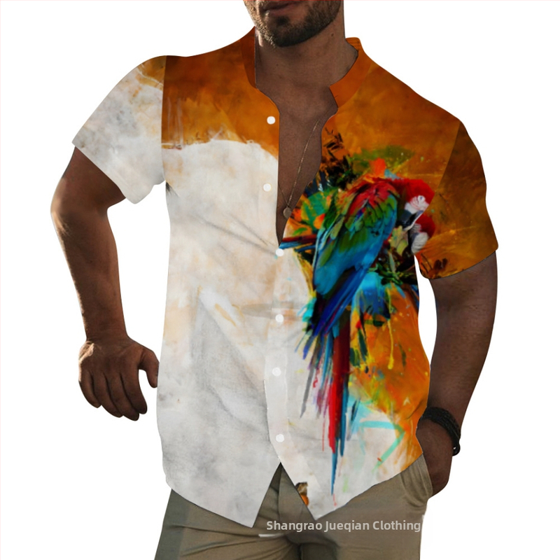 Хавайска риза за мъже с животински принт, яка стойка, къс ръкав, свободна кройка, цифров печат, 96% полиестер