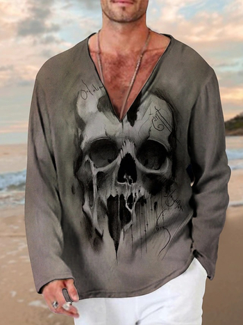 Casual μακρυμάνικη μπλούζα T‑shirt με V-λαιμό, βαμβακο-πολυεστέρα, ψηφιακή εκτύπωση, Color World μοτίβο, ίσια γραμμή