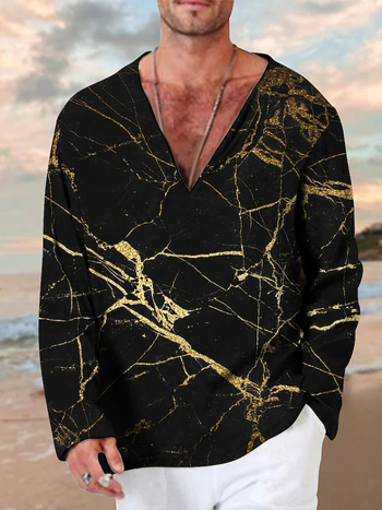 Casual μακρυμάνικη μπλούζα T‑shirt με V-λαιμό, βαμβακο-πολυεστέρα, ψηφιακή εκτύπωση, Color World μοτίβο, ίσια γραμμή