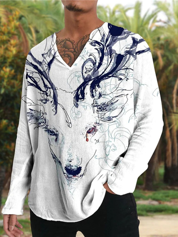 Casual μακρυμάνικη μπλούζα T‑shirt με V-λαιμό, βαμβακο-πολυεστέρα, ψηφιακή εκτύπωση, Color World μοτίβο, ίσια γραμμή