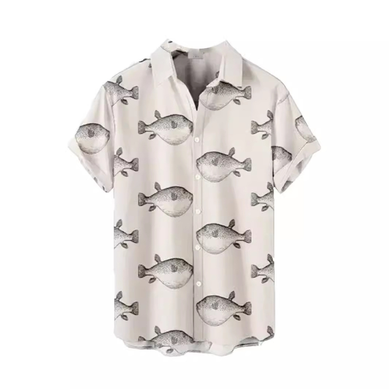 Мъжка хавайска риза с 3D принт, къс ръкав, яка тип лапел, свободна кройка, 90% полиестер