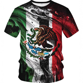 Ανδρικό κοντομάνικο T-shirt με 3D εκτύπωση της σημαίας του Μεξικού, στρογγυλή λαιμόκοψη, χαλαρή γραμμή, πολυεστερική μίξη.