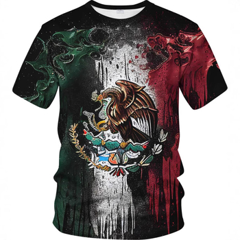 Ανδρικό κοντομάνικο T-shirt με 3D εκτύπωση της σημαίας του Μεξικού, στρογγυλή λαιμόκοψη, χαλαρή γραμμή, πολυεστερική μίξη.