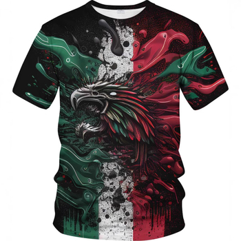Ανδρικό κοντομάνικο T-shirt με 3D εκτύπωση της σημαίας του Μεξικού, στρογγυλή λαιμόκοψη, χαλαρή γραμμή, πολυεστερική μίξη.