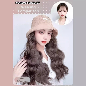 Περούκα για γυναίκες με ενσωματωμένο χειμωνιάτικο καπέλο από μαλλί προβάτου, κορεατικού στυλ, μεσαίο έως μακρύ μήκος μαλλιών, θερμοανθεκτικό καλώδιο
