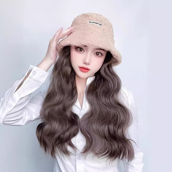 Περούκα για γυναίκες με ενσωματωμένο χειμωνιάτικο καπέλο από μαλλί προβάτου, κορεατικού στυλ, μεσαίο έως μακρύ μήκος μαλλιών, θερμοανθεκτικό καλώδιο