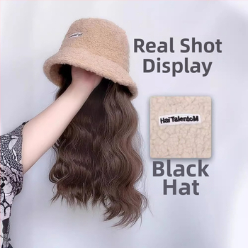 Περούκα για γυναίκες με ενσωματωμένο χειμωνιάτικο καπέλο από μαλλί προβάτου, κορεατικού στυλ, μεσαίο έως μακρύ μήκος μαλλιών, θερμοανθεκτικό καλώδιο