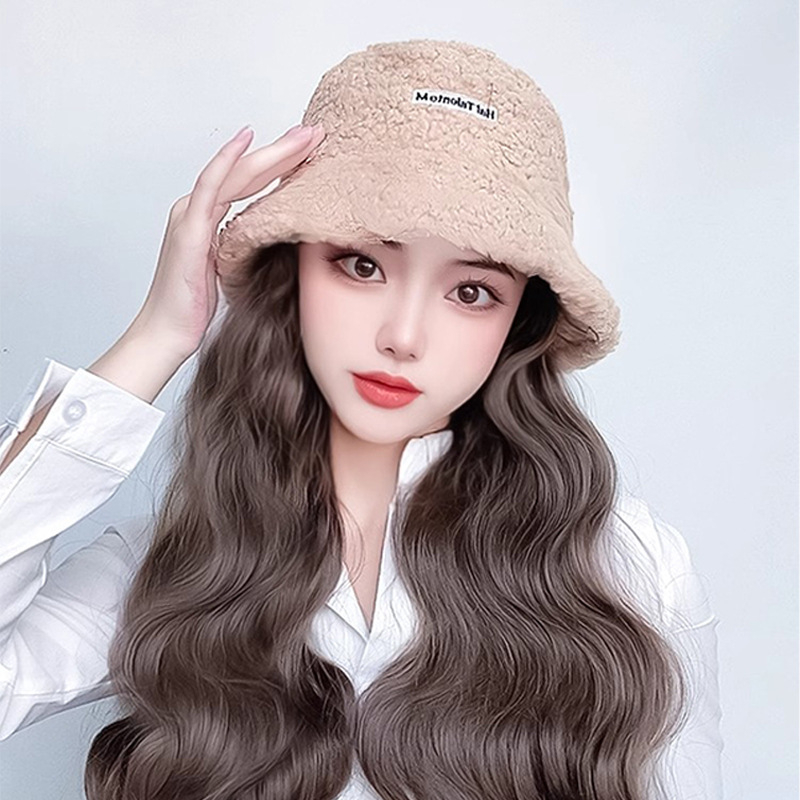 Περούκα για γυναίκες με ενσωματωμένο χειμωνιάτικο καπέλο από μαλλί προβάτου, κορεατικού στυλ, μεσαίο έως μακρύ μήκος μαλλιών, θερμοανθεκτικό καλώδιο