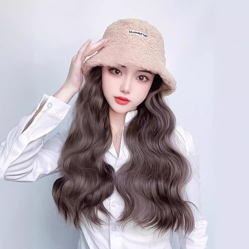 Περούκα για γυναίκες με ενσωματωμένο χειμωνιάτικο καπέλο από μαλλί προβάτου, κορεατικού στυλ, μεσαίο έως μακρύ μήκος μαλλιών, θερμοανθεκτικό καλώδιο