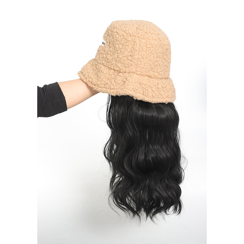 Περούκα για γυναίκες με ενσωματωμένο χειμωνιάτικο καπέλο από μαλλί προβάτου, κορεατικού στυλ, μεσαίο έως μακρύ μήκος μαλλιών, θερμοανθεκτικό καλώδιο