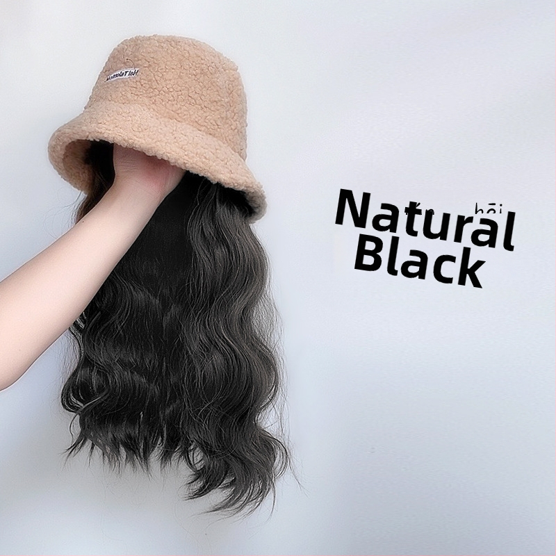 Περούκα για γυναίκες με ενσωματωμένο χειμωνιάτικο καπέλο από μαλλί προβάτου, κορεατικού στυλ, μεσαίο έως μακρύ μήκος μαλλιών, θερμοανθεκτικό καλώδιο