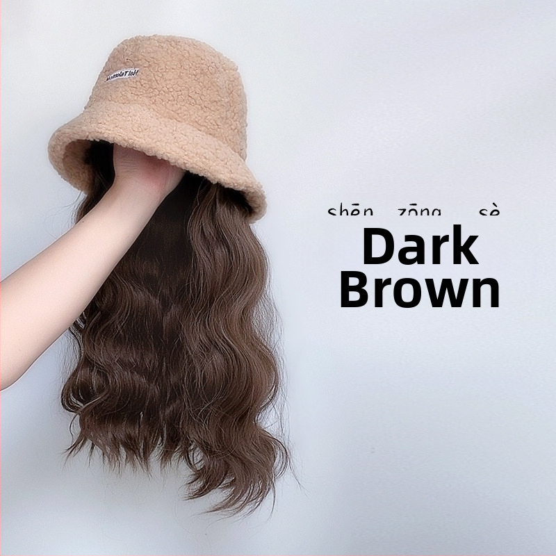 Περούκα για γυναίκες με ενσωματωμένο χειμωνιάτικο καπέλο από μαλλί προβάτου, κορεατικού στυλ, μεσαίο έως μακρύ μήκος μαλλιών, θερμοανθεκτικό καλώδιο