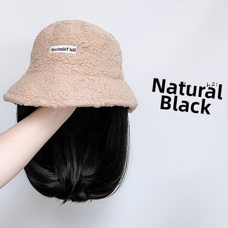 Περούκα για γυναίκες με ενσωματωμένο χειμωνιάτικο καπέλο από μαλλί προβάτου, κορεατικού στυλ, μεσαίο έως μακρύ μήκος μαλλιών, θερμοανθεκτικό καλώδιο