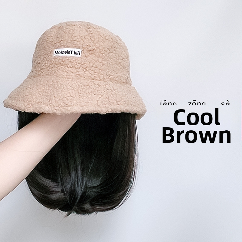 Περούκα για γυναίκες με ενσωματωμένο χειμωνιάτικο καπέλο από μαλλί προβάτου, κορεατικού στυλ, μεσαίο έως μακρύ μήκος μαλλιών, θερμοανθεκτικό καλώδιο