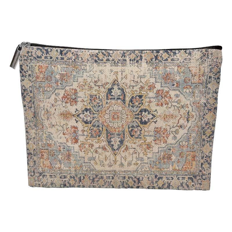 Bohemiska kosmētikas soma ar abpusēju ģeometrisku rakstu, universāla, no poliester auduma ar poliester oderei, elpojoša, ultra viegla, paplašināma uzglabāšanai