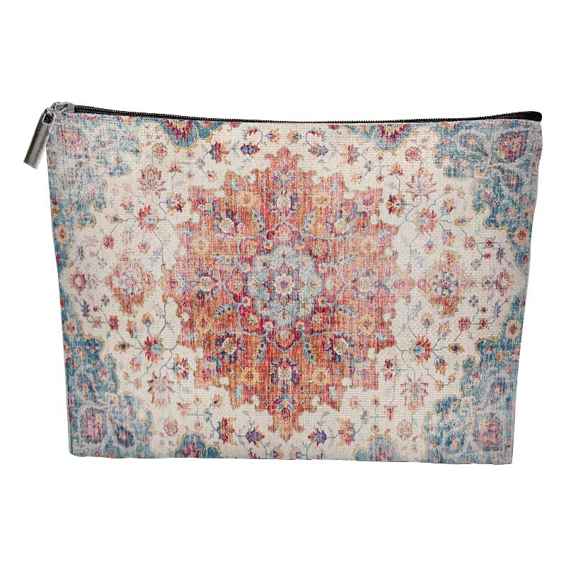 Bohemiska kosmētikas soma ar abpusēju ģeometrisku rakstu, universāla, no poliester auduma ar poliester oderei, elpojoša, ultra viegla, paplašināma uzglabāšanai