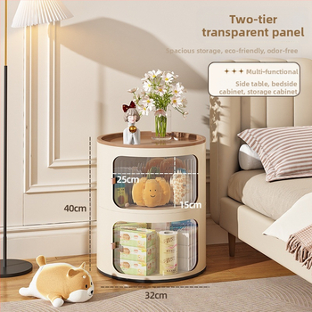 Кръгло нощно шкафче в кремав стил, пластмасово тяло, горна плоча от сланец, модел x-9657, готово за употреба