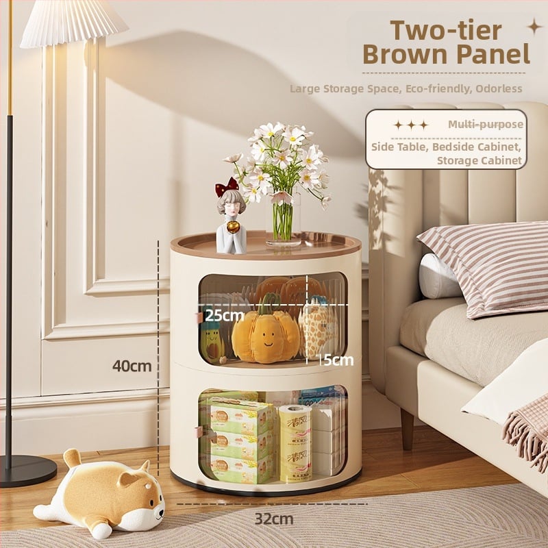 Кръгло нощно шкафче в кремав стил, пластмасово тяло, горна плоча от сланец, модел x-9657, готово за употреба