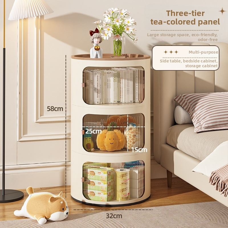 Кръгло нощно шкафче в кремав стил, пластмасово тяло, горна плоча от сланец, модел x-9657, готово за употреба