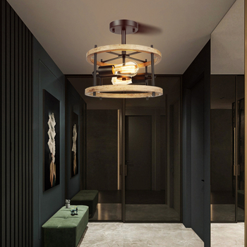 Φωτιστικό οροφής σε κλασικό στυλ, μεταλλικό σώμα από σίδηρο και ξύλινο σκιάστρο, LED φως (για εστιατόριο • εμβέλεια 3–5 τ.μ.)