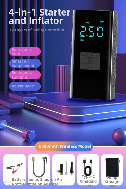 Pārvietojamā auto gaisa sūknis ar ārkārtas barošanas avotu — 14,8V, 100W, 25 L/min, digitālais displejs, riepas spiediena mērītājs