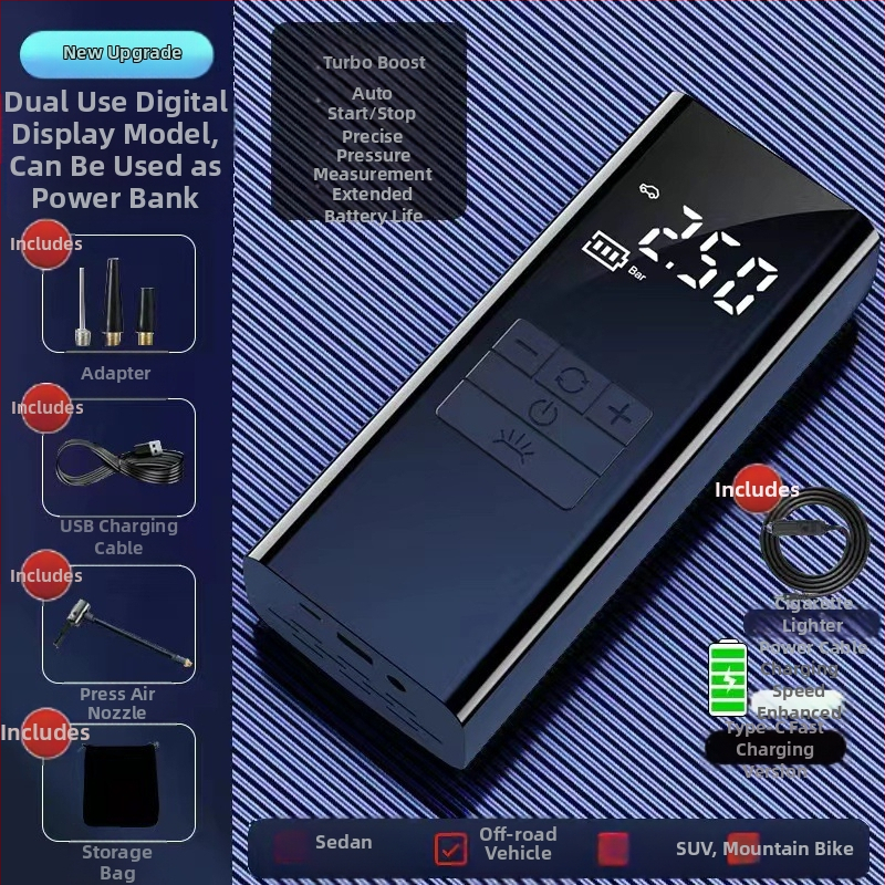 Pārvietojamā auto gaisa sūknis ar ārkārtas barošanas avotu — 14,8V, 100W, 25 L/min, digitālais displejs, riepas spiediena mērītājs