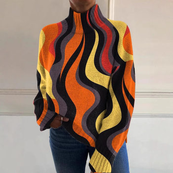 Női pulóver 3D mintás nyomtatás, magas gallér, bő szabás, hosszú ujjú