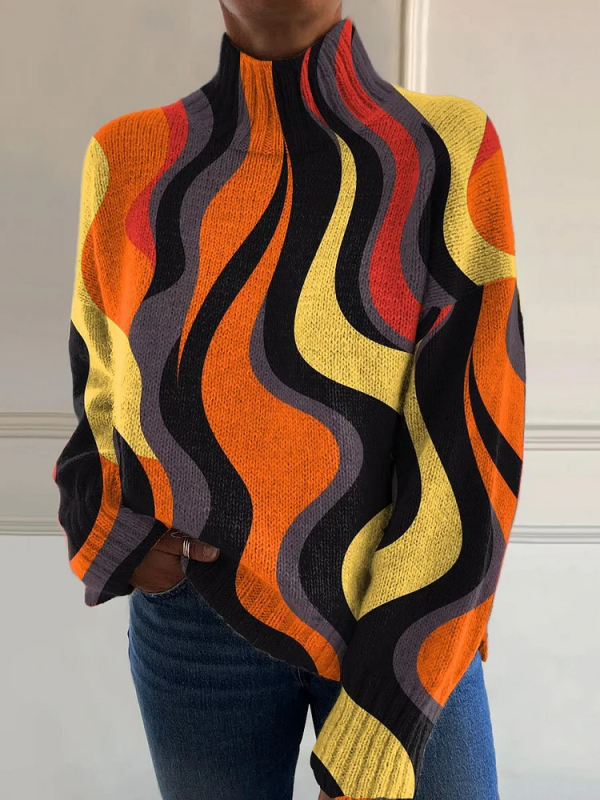 Női pulóver 3D mintás nyomtatás, magas gallér, bő szabás, hosszú ujjú