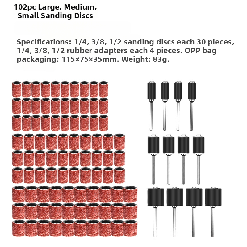 Polīrēšanas komplekts 102 detaļas ar smilšpapīra nūjiņām un abrazīvām gredzenēm, kokam un metālam