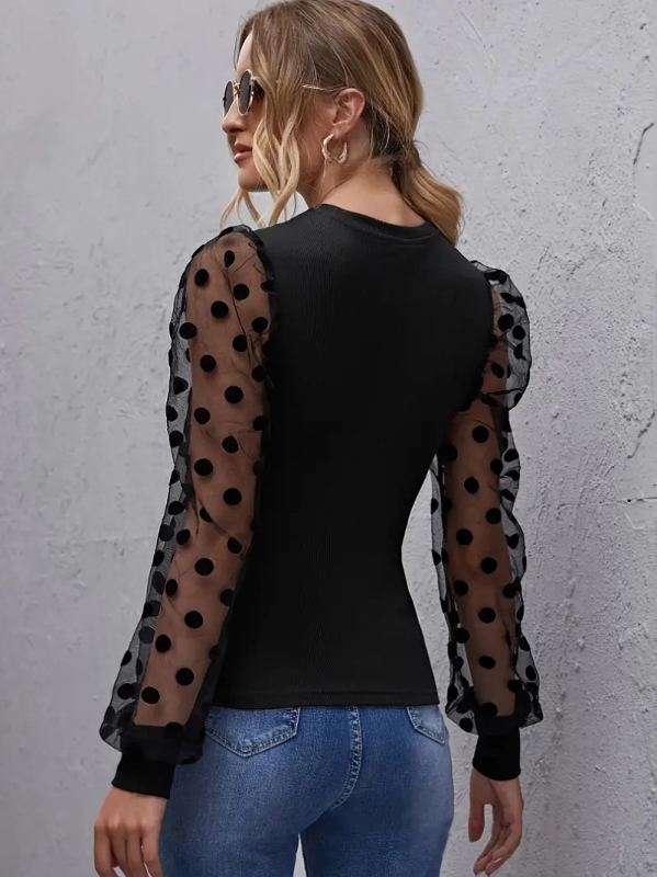 Top damă din poliester cu jacquard, mâneci lungi, guler rotund, imprimeu abstract, croi slim