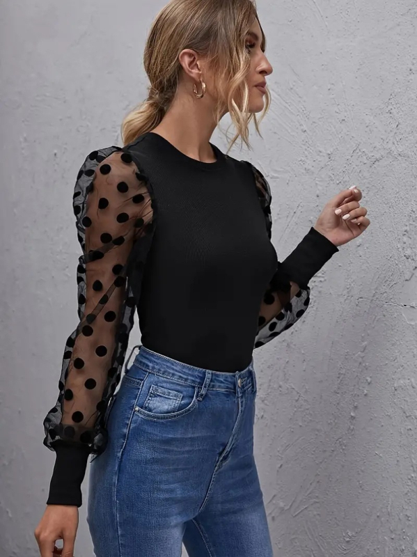 Top damă din poliester cu jacquard, mâneci lungi, guler rotund, imprimeu abstract, croi slim